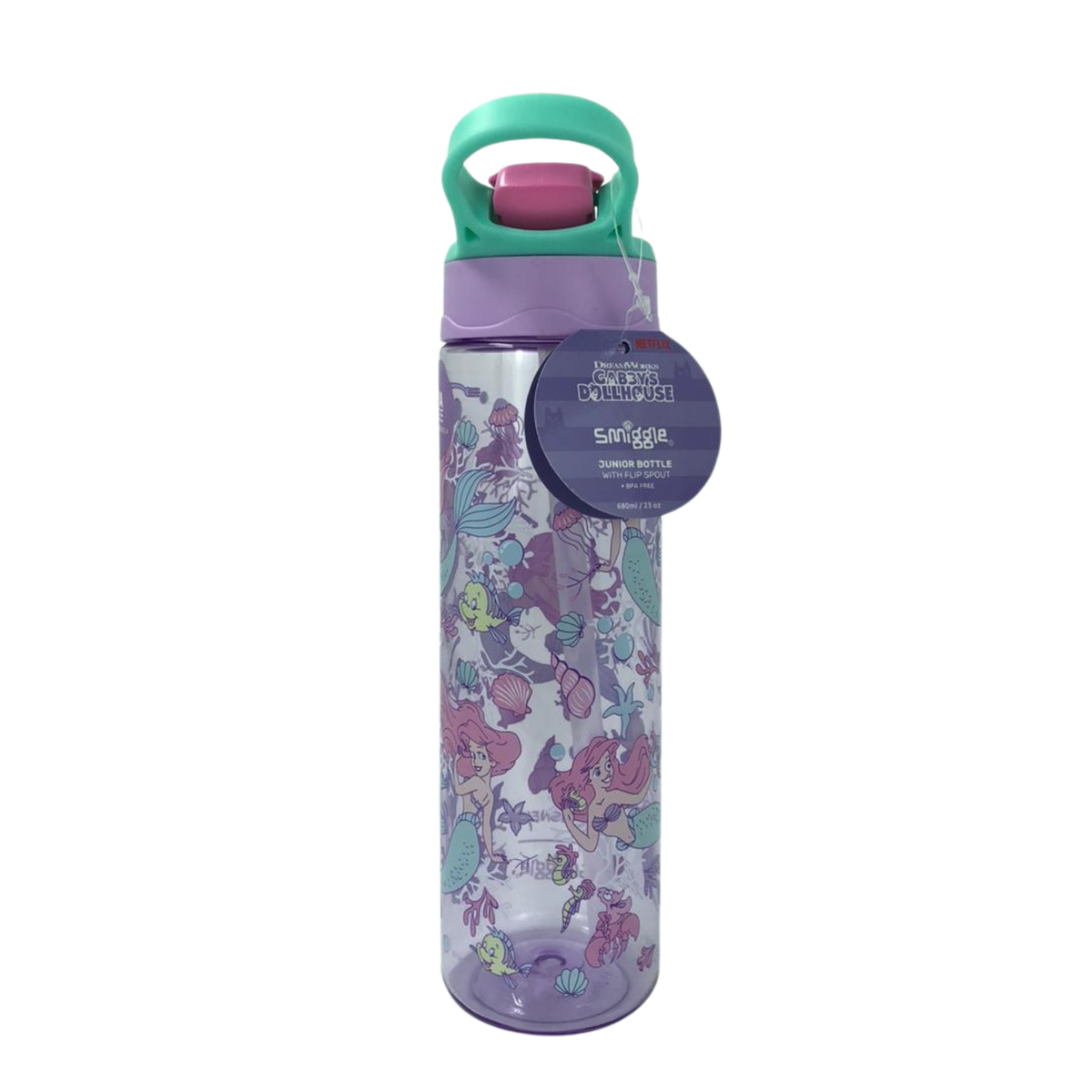 Junior water bottle with flip sprout and mint handle; purple cap, character print, badge