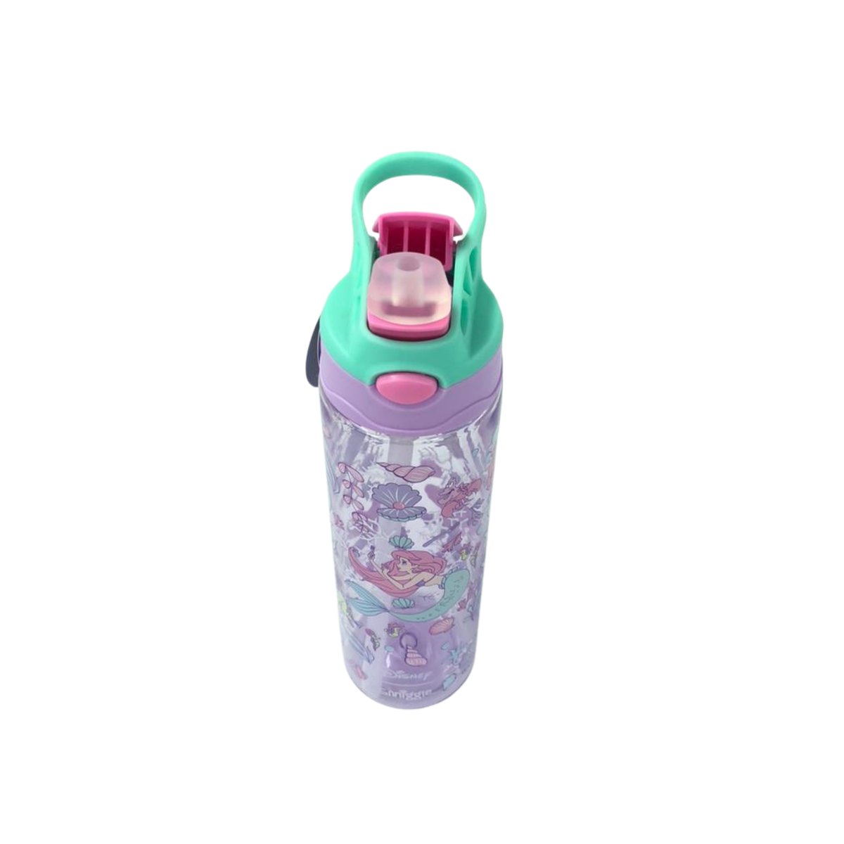 Junior water bottle with flip sprout, mint green handle and purple lid; illustrated characters