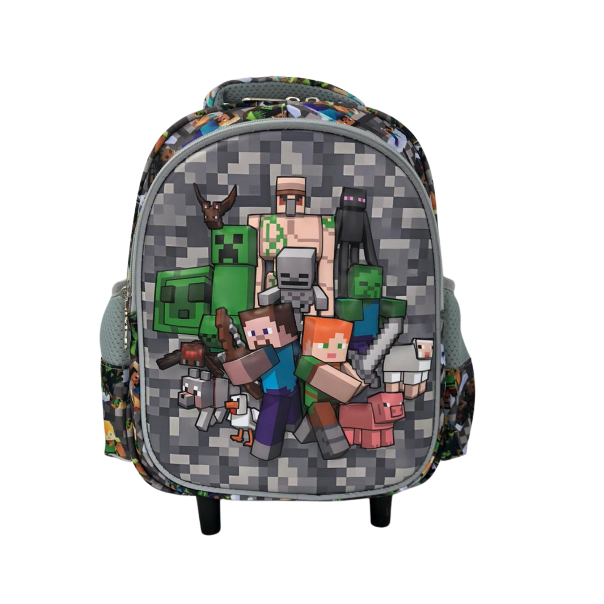 Kids rolling school backpack, front view with pixel character art on gray, zipper pocket