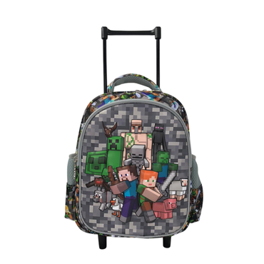 Kids rolling school backpack with pixel character scene on gray background, front wheels