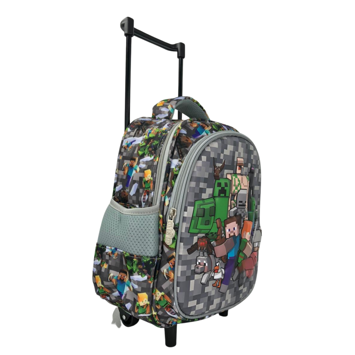 Kids rolling school backpack, angled view with pixel character graphics and gray side panels