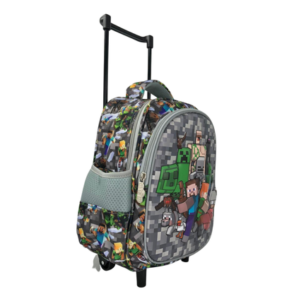 Kids rolling school backpack, angled view with pixel character graphics and gray side panels