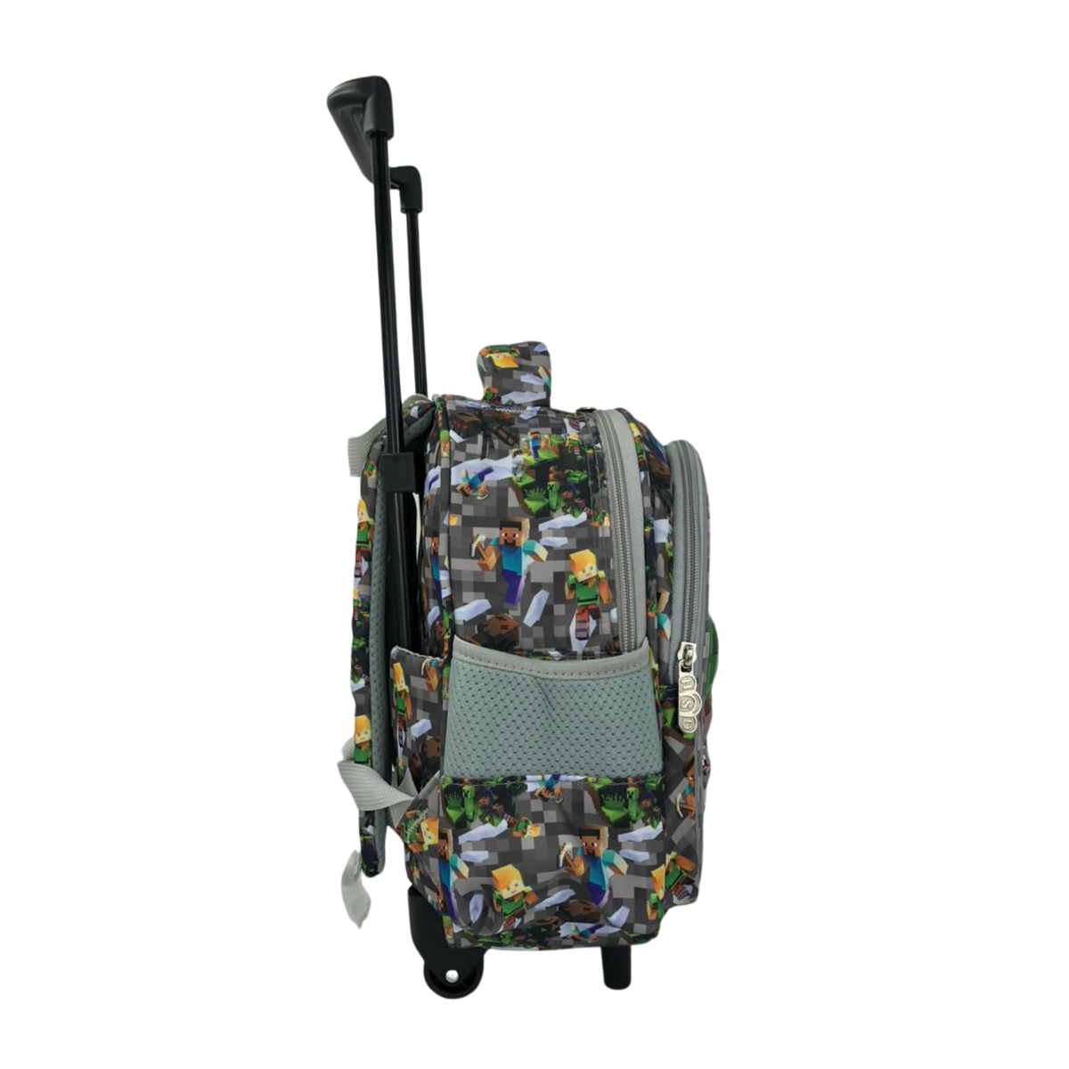 Kids rolling backpack, side view with pixel character print and zip front pocket
