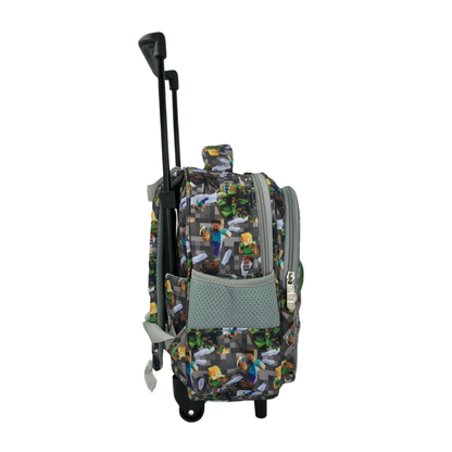 Kids rolling backpack, side view with pixel character print and zip front pocket