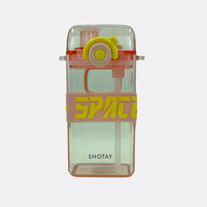 Clear transparent square water bottle with lime yellow lid button and orange SPATE strap.