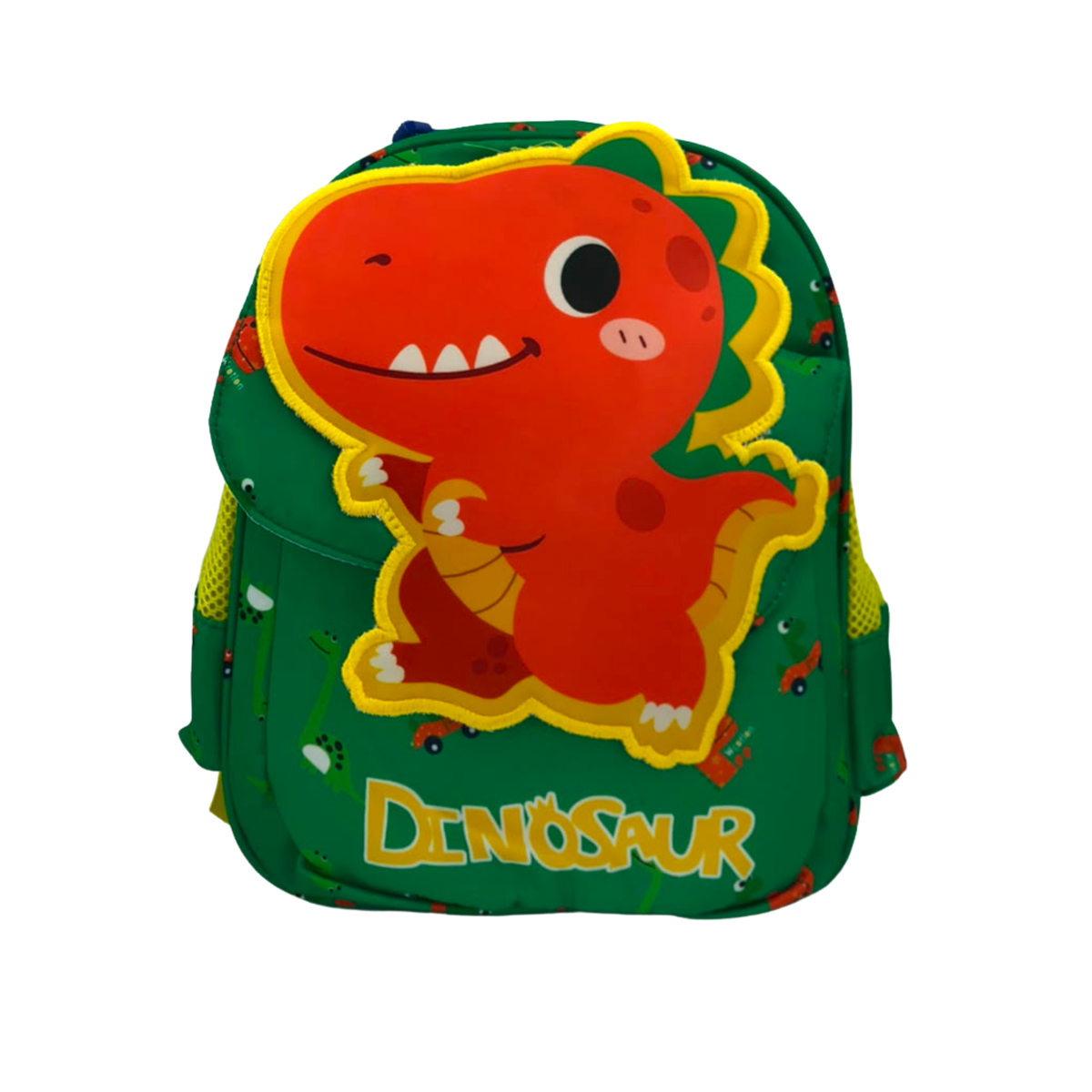 Green dinosaur kids backpack with red T-rex face applique and "DINOSAUR" label