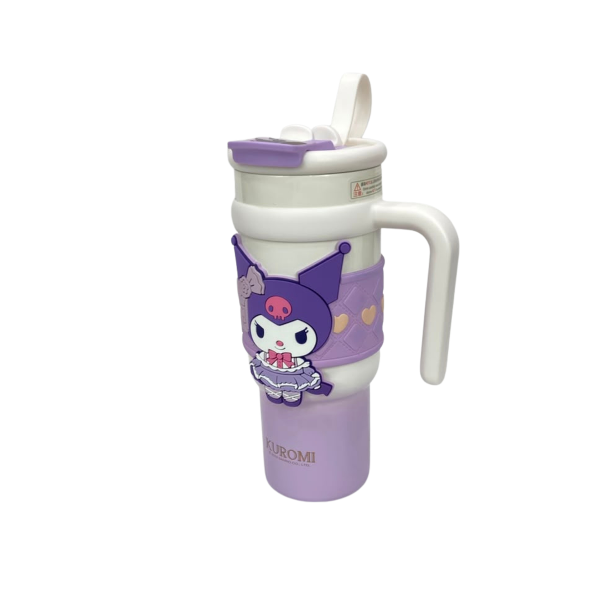 Purple insulated tumbler with handle and straw; Kuromi character graphic