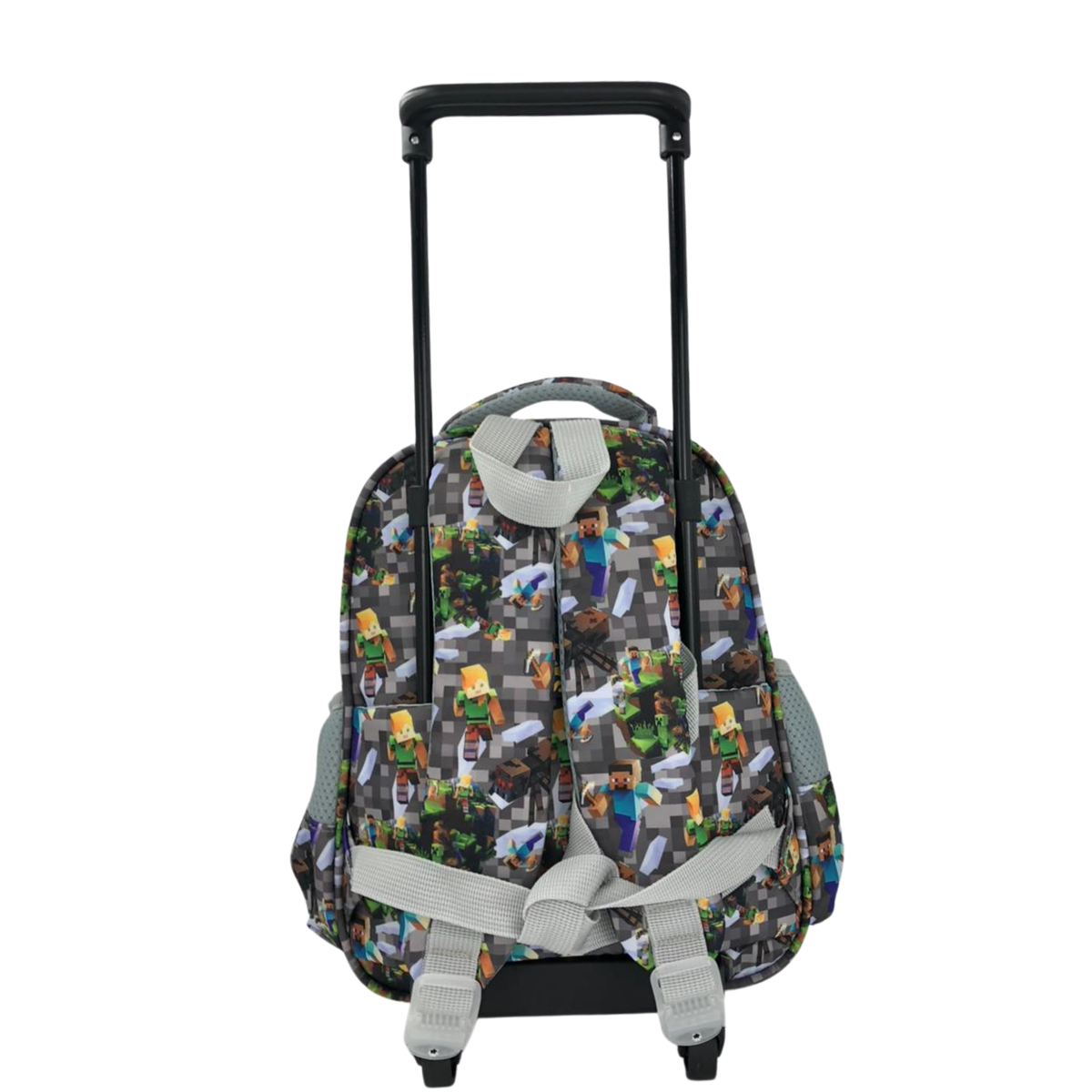 Kids rolling school backpack with pixel character print, front pocket, padded straps