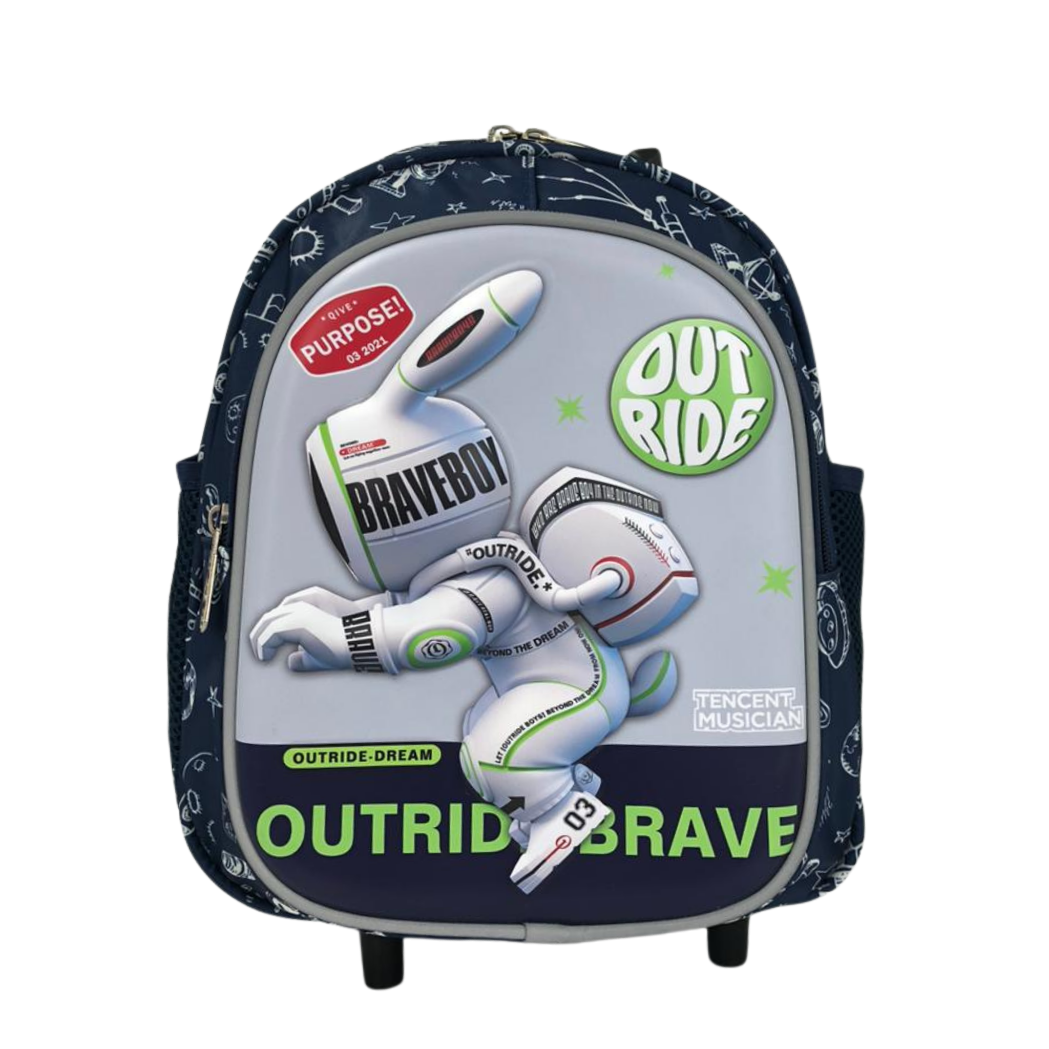 Dark blue rolling backpack with close-up astronaut graphic, green 'OUT RIDE' badges, wheels