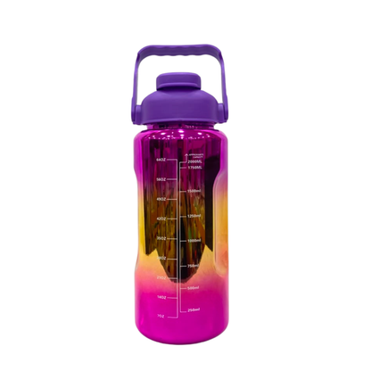 Gradient metallic water bottle with spout lid, purple-to-pink gradient and volume markings