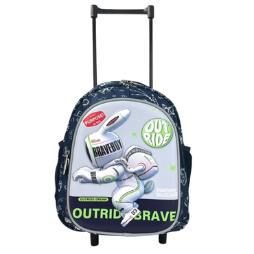 Dark blue rolling backpack with astronaut front graphic, telescoping handle, two feet/wheels