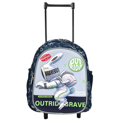 Dark blue rolling backpack with astronaut front graphic, telescoping handle, two feet/wheels