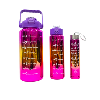 Gradient metallic water bottle set, purple-to-pink gradient with silver cap; includes large and small