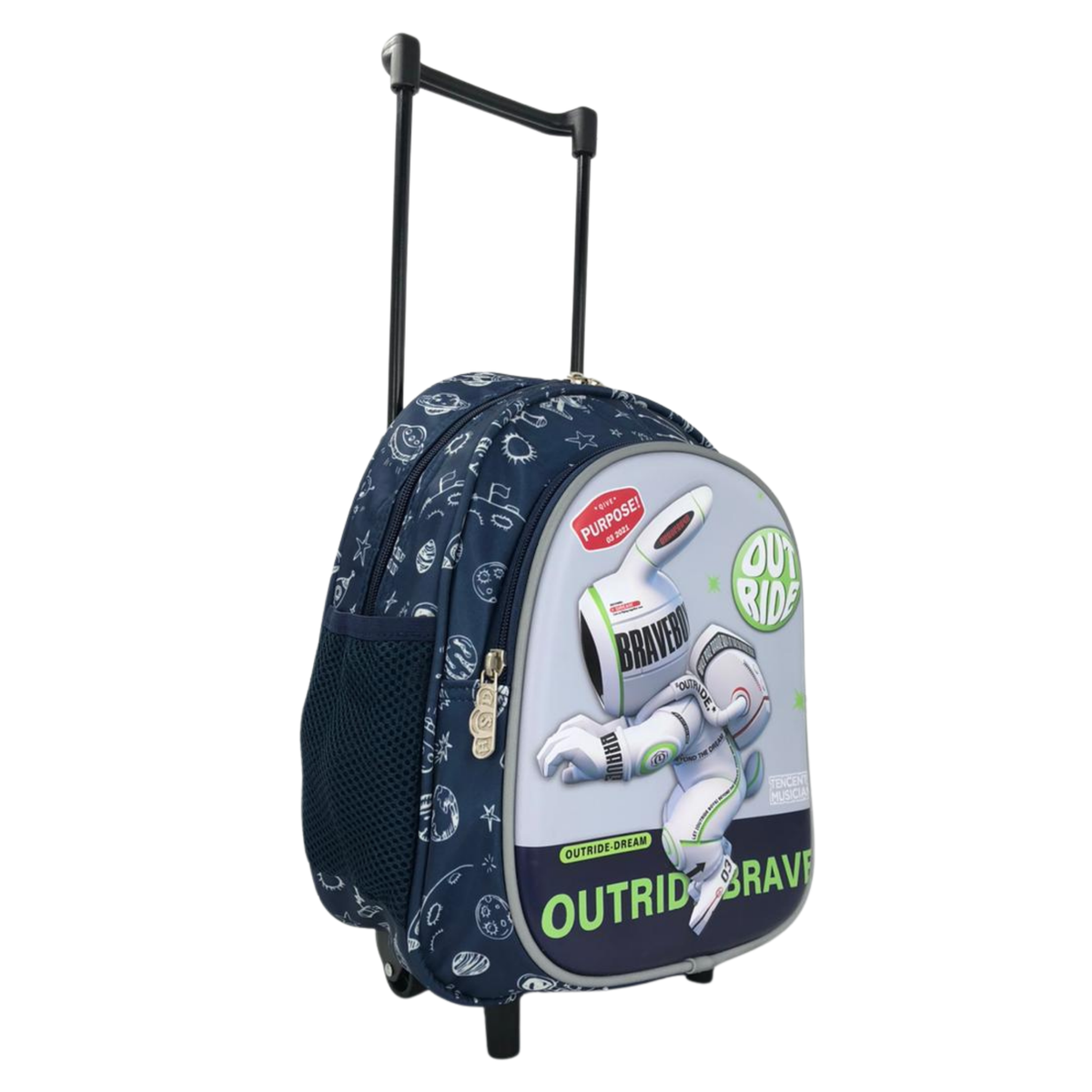 Dark blue rolling backpack with large astronaut graphic front and telescoping handle