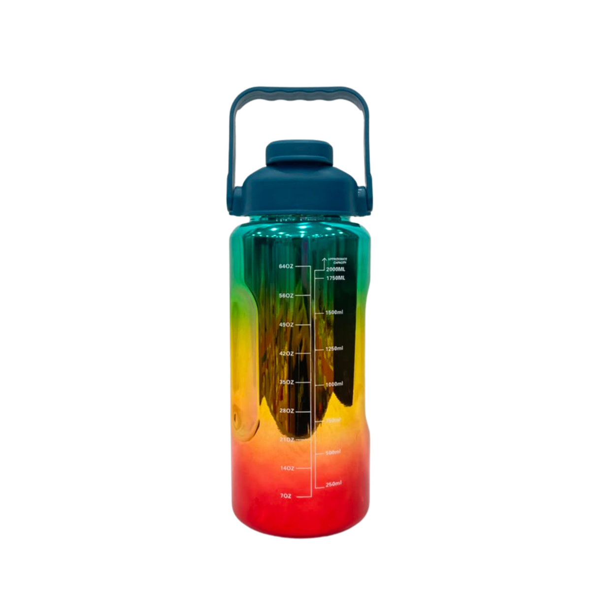 Gradient metallic water bottle with spout lid, teal-to-red gradient and volume markings