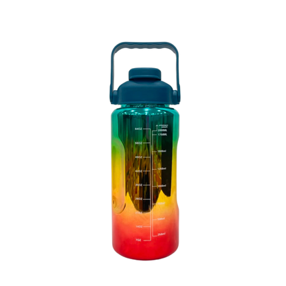 Gradient metallic water bottle with spout lid, teal-to-red gradient and volume markings