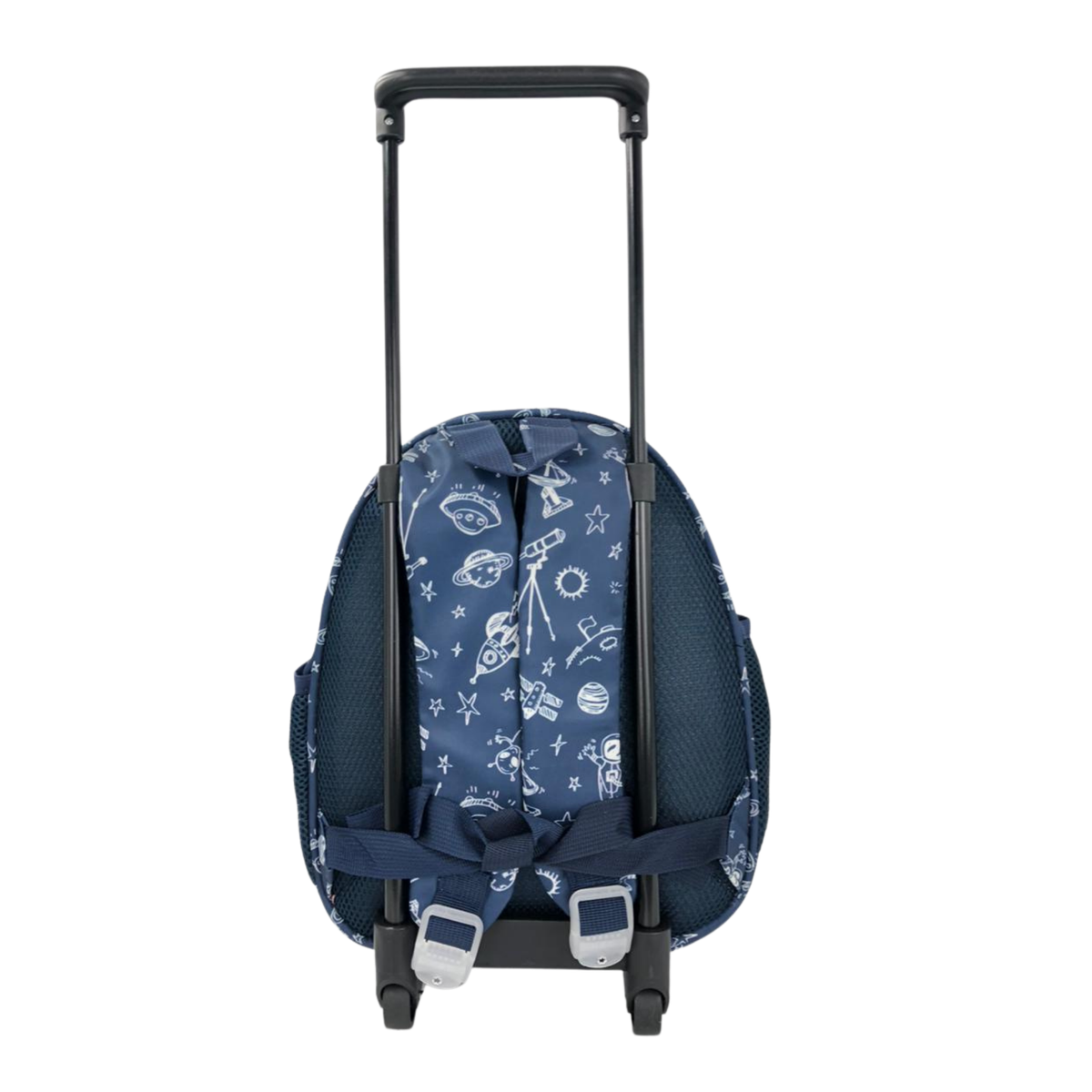 Dark blue rolling backpack with space pattern, adjustable straps, standing support feet