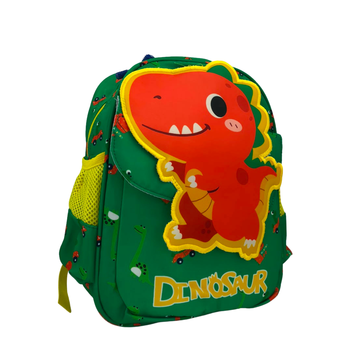 Green dinosaur kids backpack with large red T-rex applique and yellow trim