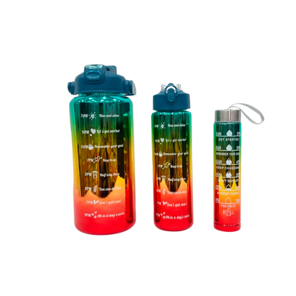 Gradient metallic water bottle set, teal-to-red gradient with silver cap; includes large and small