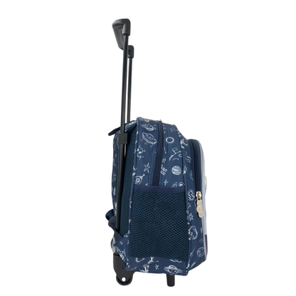 Blue space-print rolling backpack with mesh pocket, telescoping handle, top grab strap