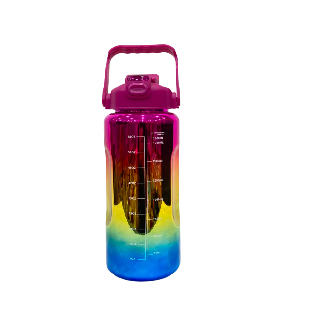 Gradient metallic water bottle with spout lid, hot pink to blue gradient and volume markings