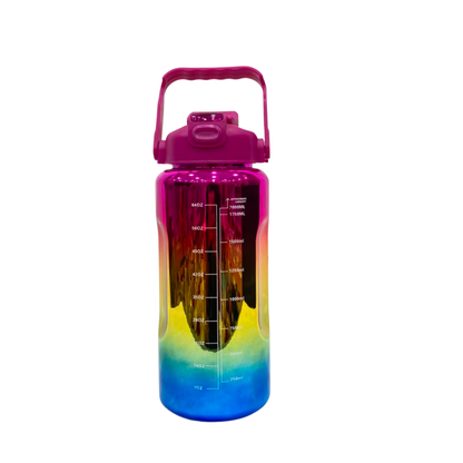 Gradient metallic water bottle with spout lid, hot pink to blue gradient and volume markings