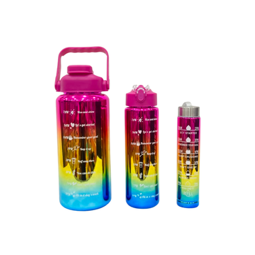 Gradient metallic water bottle set, hot pink to blue with silver cap; includes large and small