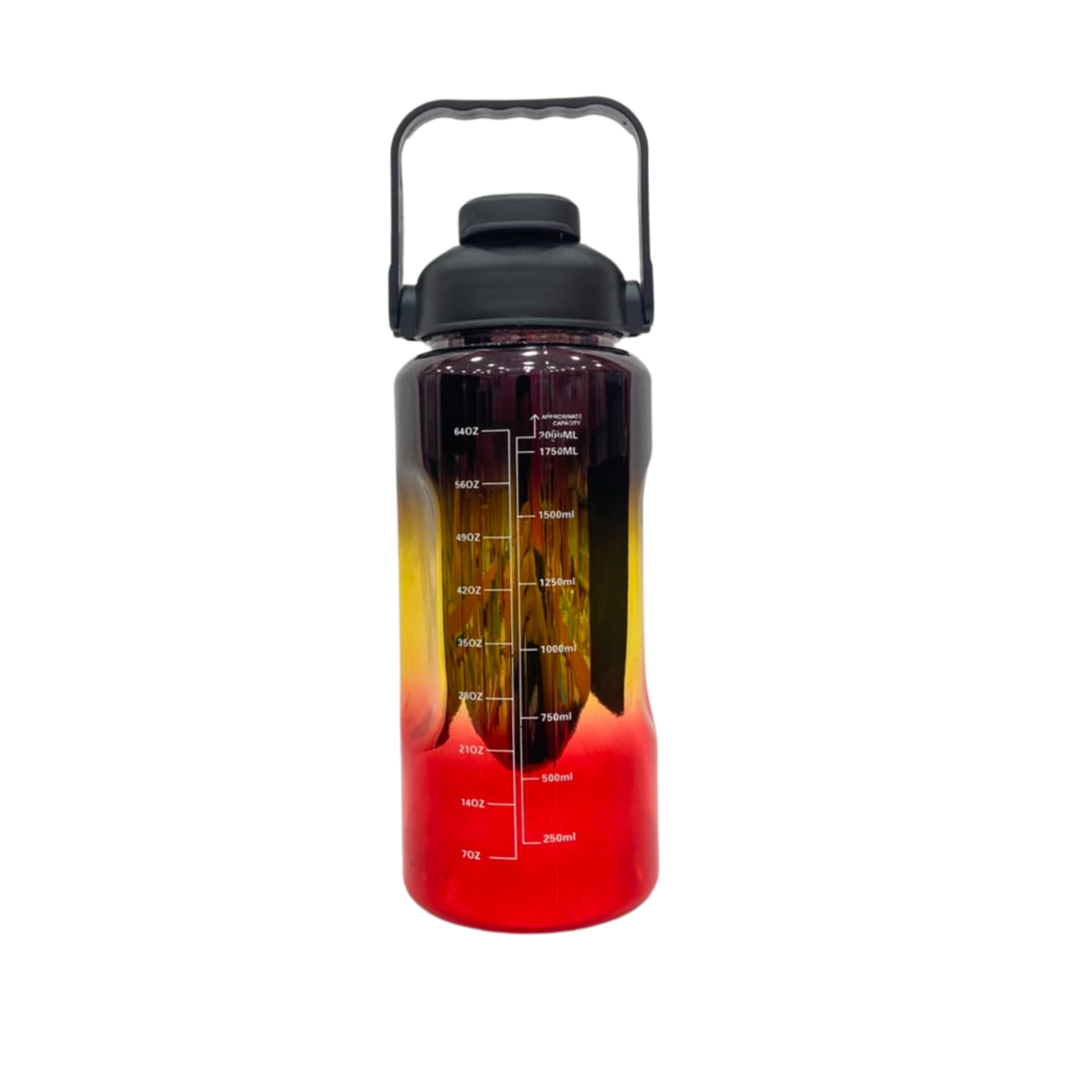 Gradient metallic water bottle with spout lid, yellow-to-red with red-black base and markings