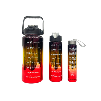 Gradient metallic water bottle set, yellow-to-red with black top; includes large and small