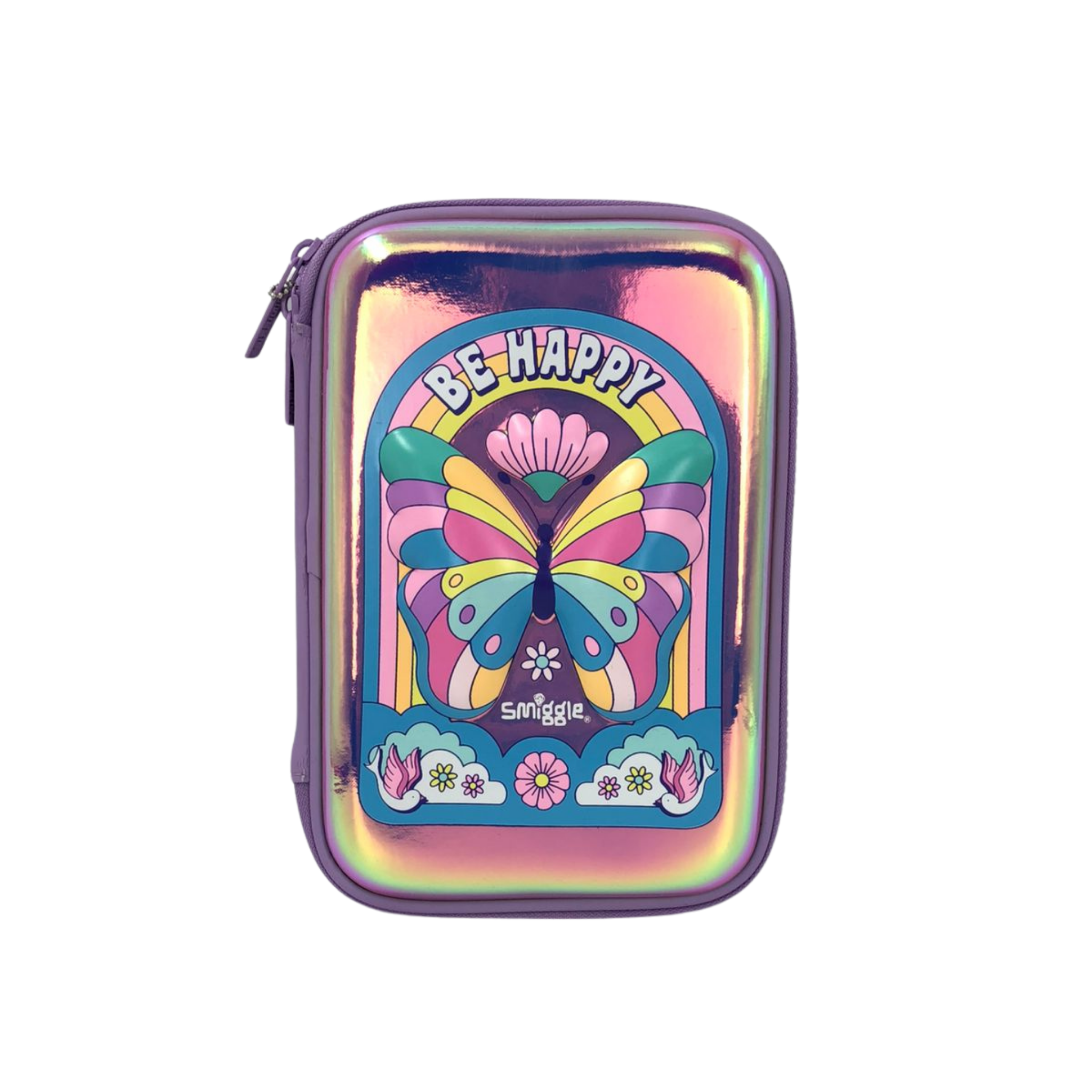 Hardshell stationery organizer with holographic finish and “Be Happy” butterfly front