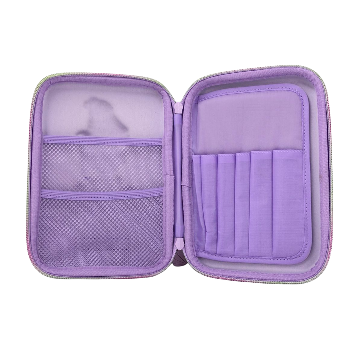 Lilac stationery organizer pouch, open with mesh pocket and elastic pen holders