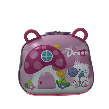 Kids cosmetic bag with purple bear-and-mushroom 3D-style print and rounded ear handles