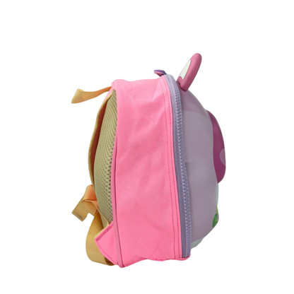 Kids cosmetic bag in pink and beige with blue zipper side panel and tan straps