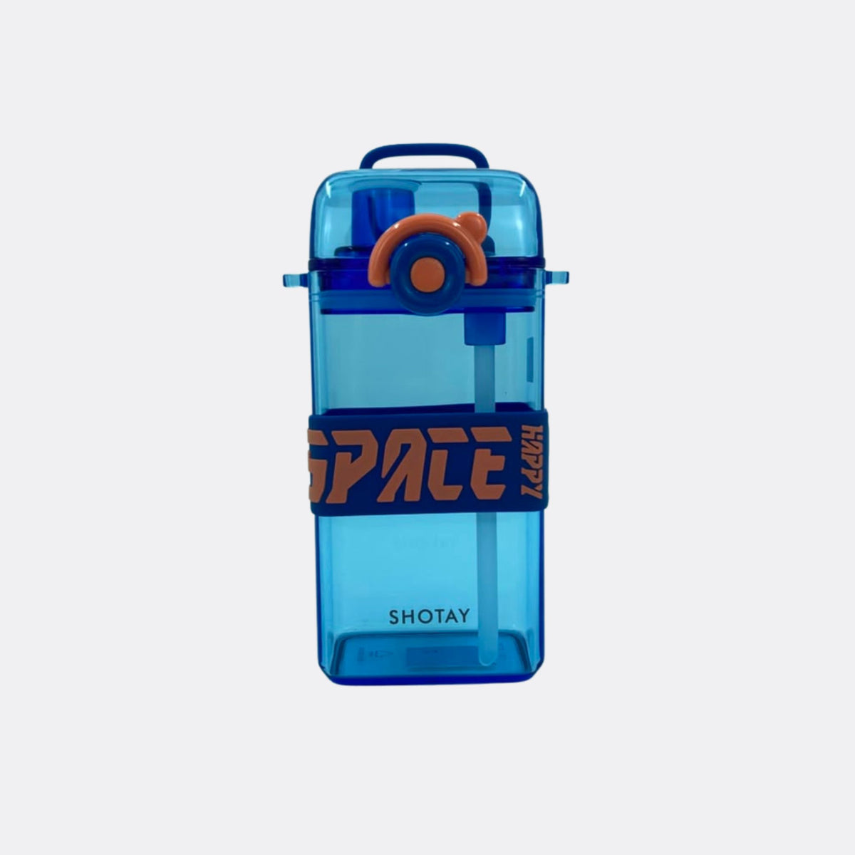 Blue transparent square water bottle with orange round lid button and carry handle.