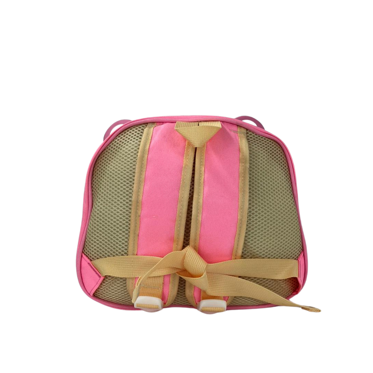 Kids cosmetic bag with pink trim, beige mesh back panel, and tan cross straps