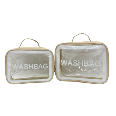Beige transparent travel toiletry bag with 'WASHBAG' text, zip top, and carry handles