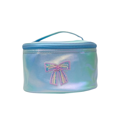 Blue holographic cosmetic pouch with bow applique and top zipper closure