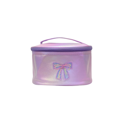 Purple holographic cosmetic pouch with bow applique and top zipper closure