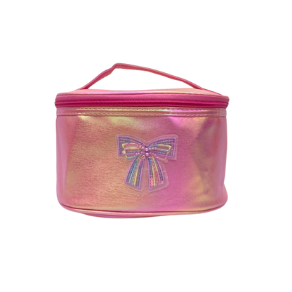 Hot pink holographic cosmetic pouch with bow applique and top zipper closure