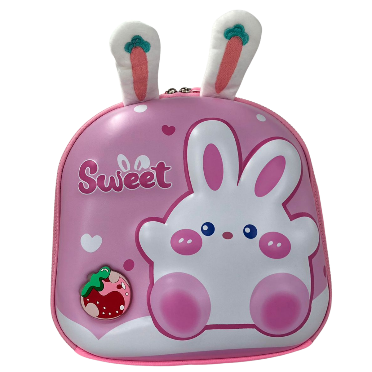 3D bunny lunch bag, purple with carrot-ear plush and 'Sweet' bunny face graphic