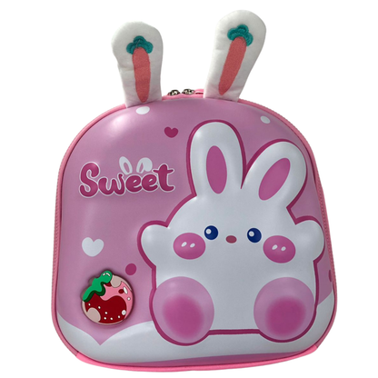 3D bunny lunch bag, purple with carrot-ear plush and 'Sweet' bunny face graphic