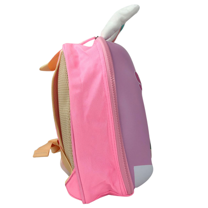 3D bunny lunch bag side view with pink and purple panels, zipper and carry handle