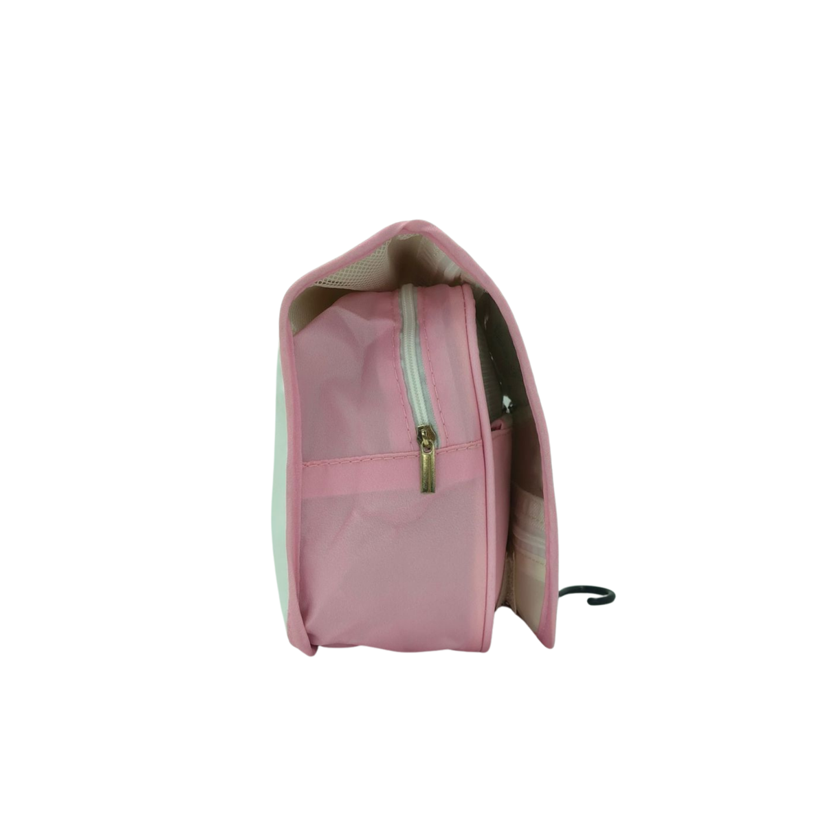 Hanging toiletry bag interior view with pink outer, mint lining, zip pocket and hanging hook