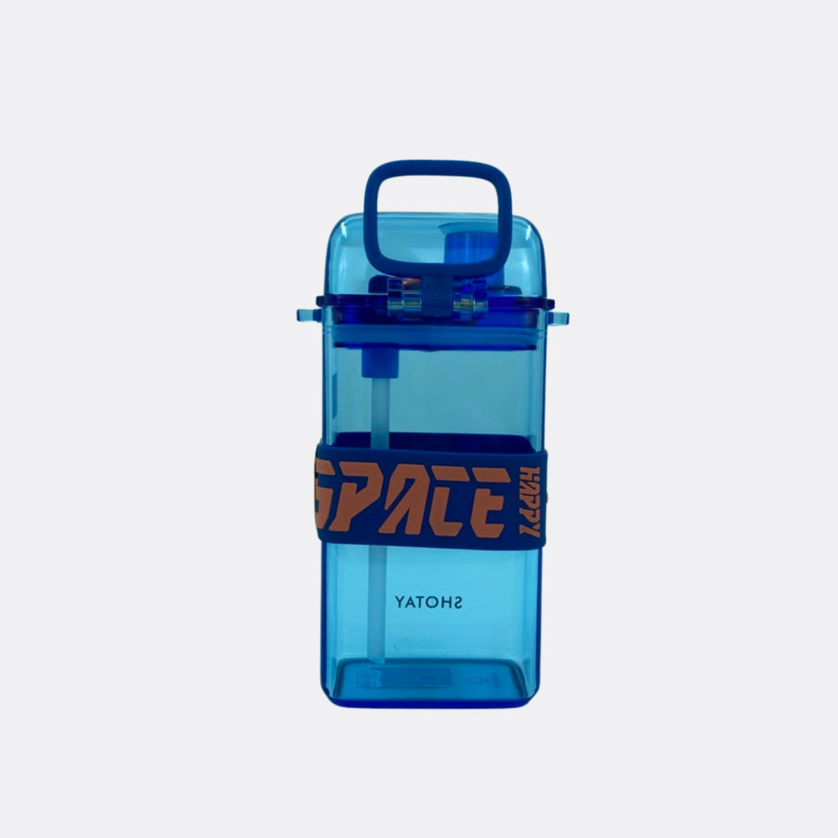 Blue transparent square water bottle with carry handle and flip lid, SPATE label.