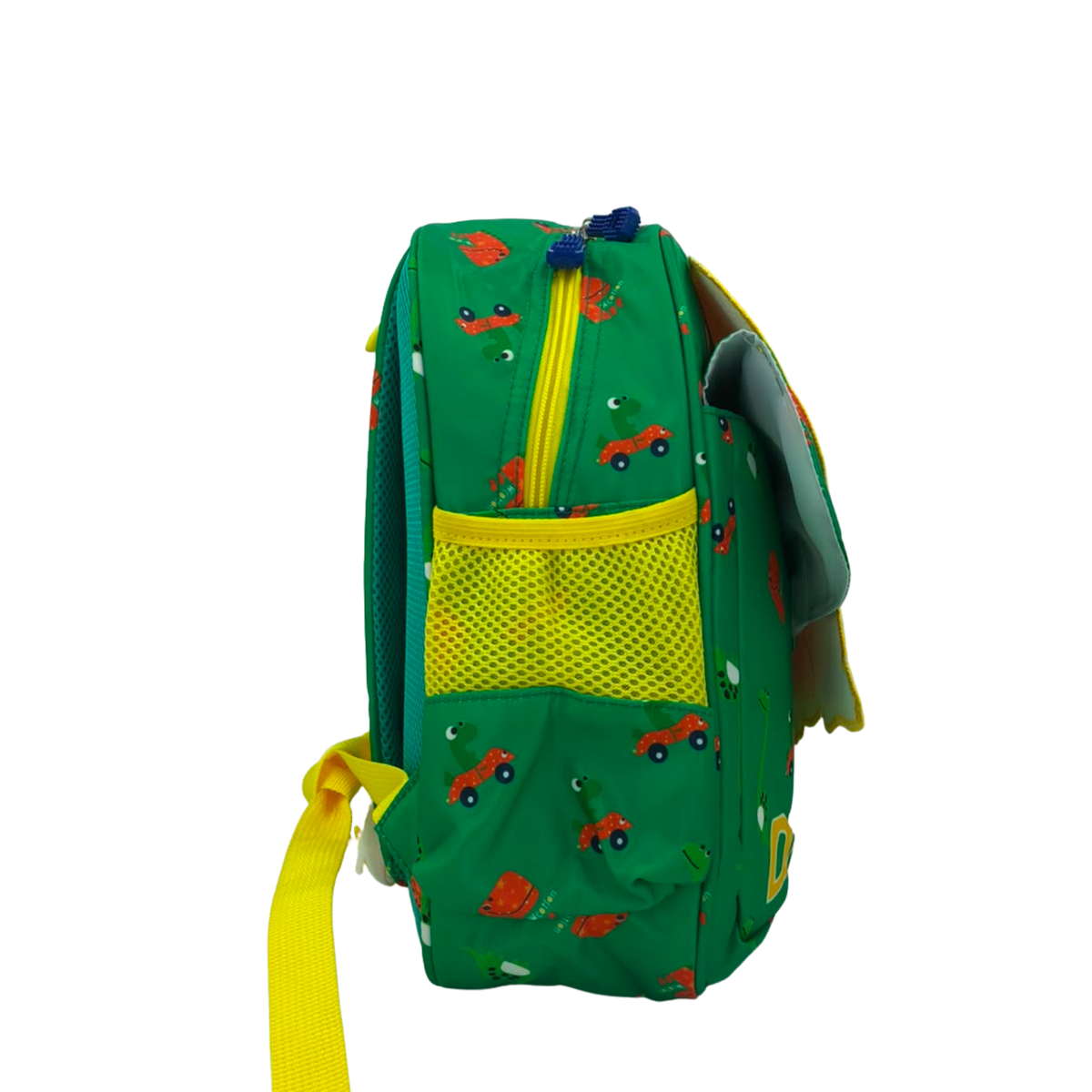 Green kids backpack with dinosaur print, yellow trim, and front zip pocket