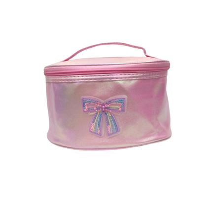 Pink holographic cosmetic pouch with bow applique and top zipper closure