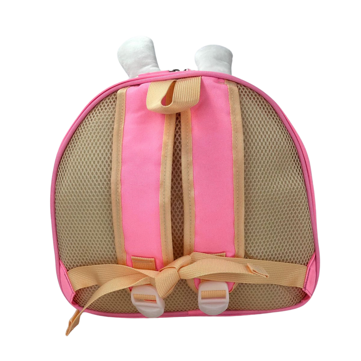 3D bunny lunch bag back panel with mesh pocket, pink trim and tan straps