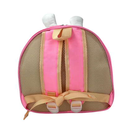 3D bunny lunch bag back panel with mesh pocket, pink trim and tan straps