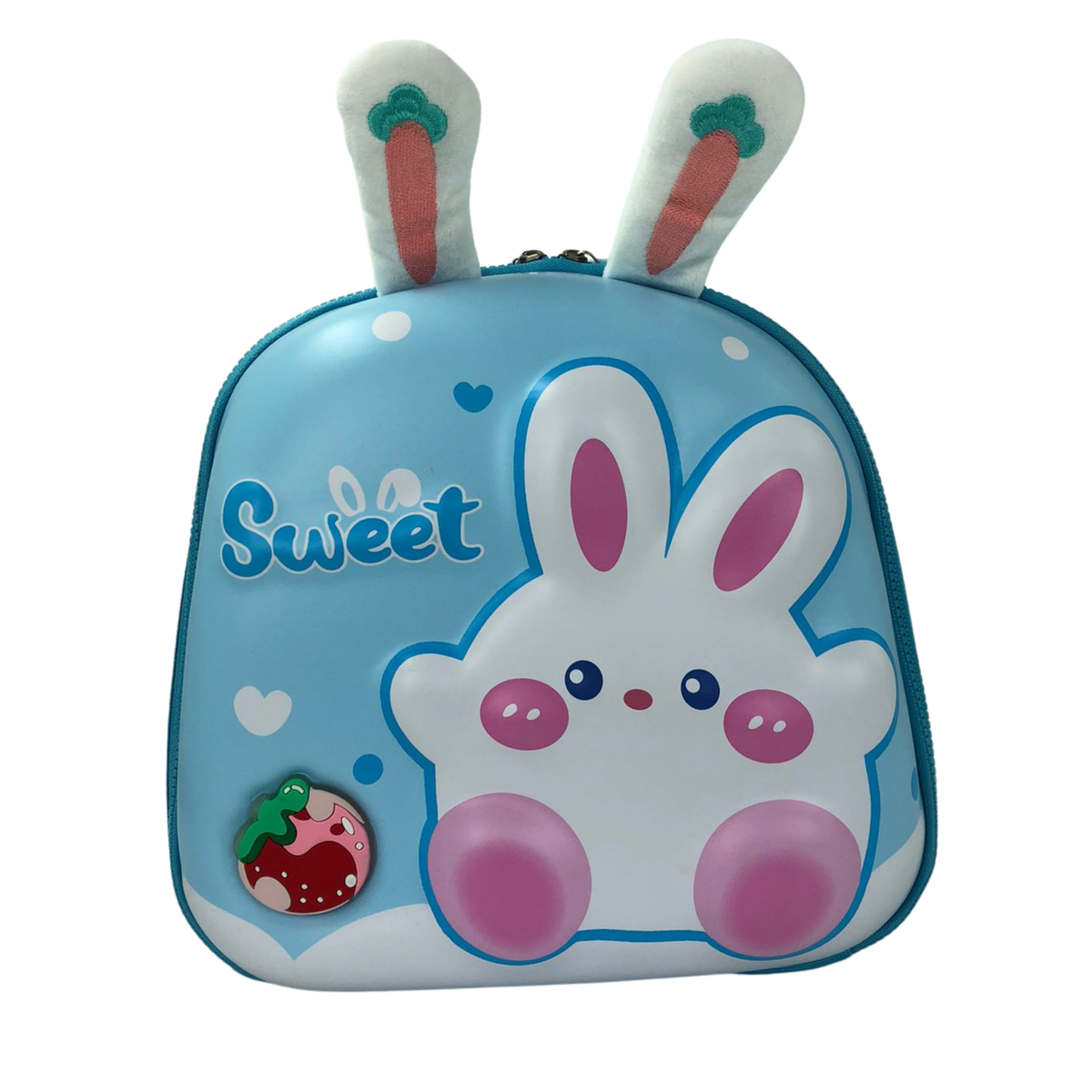 3D bunny lunch bag, blue with carrot-ear plush and front bunny face graphic