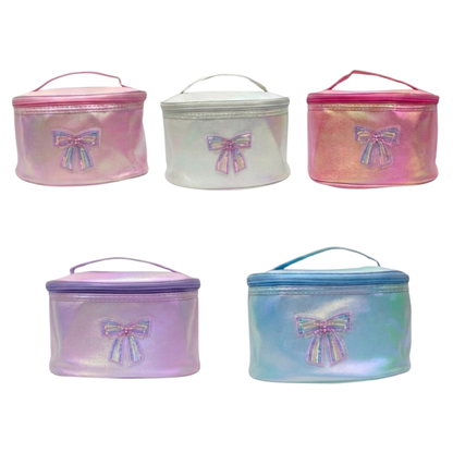 Set of 5 holographic cosmetic toiletry pouches with bow appliques in pink, white, purple, and blue